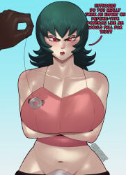 1boy 1girls angry arrogant big_breasts clothed dark-skinned_male green_hair light-skinned_female pokemon pov red_eyes sabrina_(pokemon) waist yxordart
