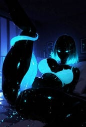 ai_generated aist_ bedroom big_breasts black_body black_skin blue_eyes blue_penis bra futanari glowing glowing_eyes glowing_genitalia glowing_hair huge_cock indoors long_penis looking_at_viewer monster_cock monster_girl shiny_skin short_hair sweat tentacle_penis wet