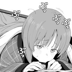 1boy 1girl bar_censor blush censored commentary fellatio girls_und_panzer greyscale henyaan_(oreizm) hetero highres kotatsu male_pubic_hair monochrome nishizumi_miho oral penis pubic_hair short_hair simple_background solo_focus table under_kotatsu under_table white_background