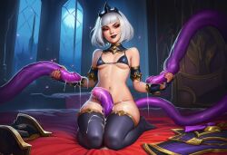 ai_generated black_lipstick black_thighhighs crown cum cum_on_breasts cum_on_thighs handjob heroes_of_the_storm lines motion orphea purple_tentacles red_eyes short_hair tentacle tentacles underwear white_hair