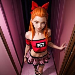 ai_generated bedroom blossom_(powerpuff_girls) crop_top doorway high_heels off_shoulder petite petite_body petite_female powerpuff_girls skirt the_powerpuff_girls