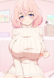 areola_slip big_breasts blush detailed_background female female_only looking_at_viewer mole_under_eye no_bra nursing_clothes original pink_hair purple_eyes sakamata_(sakamata4) short_hair sitting smile sofa solo sweater sweater_dress turtleneck turtleneck_sweater