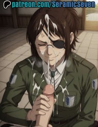 1boy 1boy1girl 1boys 1female 1girl 1girls 2025 2d ai ai_generated anime anime_style annoyed attack_on_titan brown_hair closed_eyes closed_mouth cum cum_on_face cumming cumming_from_handjob dark_hair facial female glasses handjob hanji_zoe light-skinned_female light_skin male male/female male_pov seramic_seven shingeki_no_kyojin short_hair smile survey_corps uncensored uncensored_penis