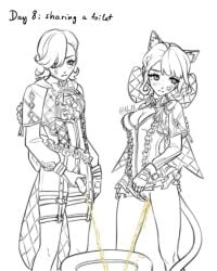 1boy 1girl 2d genshin_impact lynette_(genshin_impact) lyney_(genshin_impact) pee peeing peeing_standing_up piss pissing text toilet urination urine urine_stream