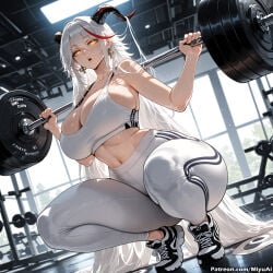 1girl aegir_(azur_lane) ai_assisted ai_generated armpits azur_lane bangs bare_shoulders breasts cleavage curvaceous curvy curvy_female curvy_figure dumbbell earrings electric_fan exercise female gym hair_between_eyes huge_breasts jewelry long_hair looking_at_viewer midriff miyuai multicolored_hair navel open_mouth shoes silver_hair sneakers solo sports_bra streaked_hair sweat thick thick_ass thick_butt thick_hips thick_legs thick_thighs thighs voluptuous voluptuous_female wide_hips wide_thighs