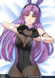 1girls breasts brown_eyes bunny_ears bunnysuit female fishnet_legwear fishnets long_hair lying lying_on_back lying_on_bed purple_bunny_ears purple_bunnysuit purple_hair renne_(eiyuu_densetsu) renne_bright trails_of_(series)