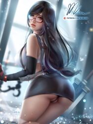 ass black_hair female final_fantasy final_fantasy_vii glasses gloves leather long_hair looking_back mumeaw red_eyes sword t-back tifa_lockhart