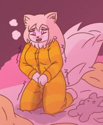 2015 anthro bed bedwetting blush breasts clothed clothing eyelashes feline female fur hair kneeling long_hair looking_down mammal on_bed open_mouth pajamas peeing pillow pink_eyes plushie shaking solo teeth tinycatmom urine wetting