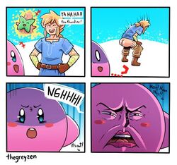 ! >:o ... :d :o ? alien ambiguous_gender ass bald blue_eyes boots breath_of_the_wild champion's_tunic close-up clothed clothing comic crossover dialogue disgusted english_text feces footwear hair humanoid humor hylian kirby kirby_(series) korok korok_seed link link_(breath_of_the_wild) male mammal mostly_nude nintendo open_mouth pants presenting presenting_hindquarters scat shirt smile squint standing surprise teeth text the_legend_of_zelda the_truth thegreyzen tongue video_games