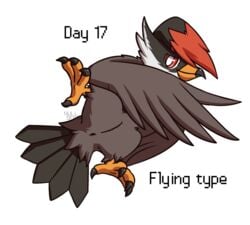 2018 anus ass avian beak bird claws feathered_wings feathers female feral furry furry_only generation_4_pokemon looking_at_viewer looking_back nintendo nude nulloffset pokemon pokemon_(species) presenting presenting_anus presenting_hindquarters presenting_pussy pussy red_eyes simple_background smile solo spreading staraptor video_games wings