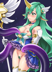 1girls animal_ears areolae bare_shoulders big_breasts blush breasts breasts_out choker dress_pull drop elbow_gloves female gloves green_eyes green_hair horn large_breasts league_of_legends long_hair magical_girl nipples no_panties pointy_ears pubic_hair skirt skirt_lift smooth_skin solo soraka staff star_guardian star_guardian_series star_guardian_soraka sweat sweatdrop tentacle thick_thighs thighhighs thighs very_long_hair white_gloves youkan