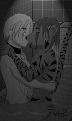 2006 anthro collar erection feline hair human human_on_anthro interspecies jivewriter kissing male mammal monochrome yaoi