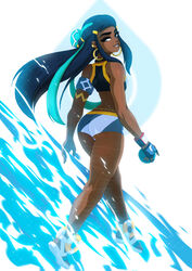 1girls 2019 ass back blue_eyes blue_hair bracelet breasts clothed clothes dark-skinned_female dark_skin dive_ball earrings eye_contact eyelashes feet female female_only full_body gloves grin half-closed_eyes hoop_earrings human legs lipstick long_hair looking_at_viewer looking_back nessa_(pokemon) nintendo piercings poke_ball pokemon pokemon_ss sandals shirt shoes shorts smile teeth thick_thighs thigh_gap toes tovio_rogers water wet white_background wide_hips zipper