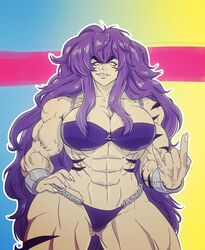 abs bikini breasts claws cleavage extreme_muscles eyebrows female large_breasts long_hair looking_at_viewer muscles muscular muscular_female navel purple_hair runo_(smartuju) solo thick_thighs thong veins whytmanga