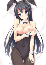 1girls animal_ears arm_under_breasts artist_name ass_visible_through_thighs bed_sheet black_hair black_legwear black_neckwear blue_eyes breasts breasts_out bunny_ears bunnysuit cleavage commentary_request covered_navel cowboy_shot dakimakura detached_sleeves fake_animal_ears female from_above hair_ornament hairclip large_breasts long_hair looking_at_viewer lying mini_bowtie nipples on_back pantyhose sakurajima_mai seishun_buta_yarou_wa_bunny_girl_senpai_no_yume_wo_minai signature smile solo sugii_tsukasa very_long_hair wholesome wrist_cuffs