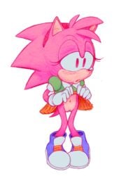 2018 amy_rose anthro blush classic_amy_rose clothing clothing_lift dress eulipotyphlan eyelashes female footwear gloves hairband hedgehog mammal navel pussy shoes simple_background skirt skirt_lift sodajoik solo sonic_(series) sonic_cd standing young