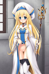 blonde_hair blue_eyes blush boots breasts female female_only goblin_slayer hat highres lifted_by_self long_hair motonaga_hiroya no_panties priestess_(goblin_slayer) pussy solo solo_female staff thigh_boots thighhighs uncensored