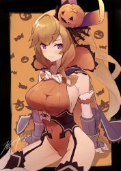 1girls corset cygames dragalia_lost elisanne female_only halloween halloween_costume halloween_elisanne highleg_leotard kekirikiki large_breasts leotard nintendo orange_leotard sitting solo