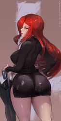 1girls ass breasts curvaceous curvy cutesexyrobutts dress female female_only half-closed_eyes highres huge_ass human large_breasts long_hair milf parasoul red_eyes red_hair shiny sketch skirt skullgirls solo standing text thick_ass thick_thighs watermark