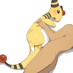 1boy 1girls ampharos ass black_eyes black_sclera blush chubby creampie creampied_feral cum cum_in_pussy cum_inside erection female female_feral feral feral_creampied feral_penetrated feral_pokemon flat_chest forehead_jewel gem highres human_on_feral interspecies larger_male lying male male_human/female_pokemon male_on_feral nintendo no_nipples on_side open_mouth penetration penis pokémon_(species) pokemon pokemon_(species) pokemon_gsc pussy sex shiny shiny_skin size_difference smaller_female spread_legs straight thick_thighs uncensored vaginal_penetration wide_hips youjomodoki