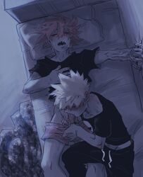 2boys asleep bed bedroom black_shirt blonde_hair blowjob blush boxers boxers_(clothing) colored eijirou_kirishima embrace fellatio gay hand_on_chest hand_on_wall heavy_breathing holding_underwear human human_only katsuki_bakugou male male/male male_on_male male_only male_underwear moaning my_hero_academia night on_bed oral oral_sex penis penis_grab red_hair sex sleep_sex sleeping somnophilia sweatpants syblatortue unaware underwear undressing undressing_another white_hair yaoi