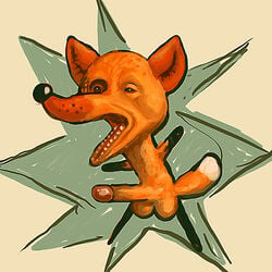 anthro astronautilus balls body_horror canine erection fox fur huge_head humanoid_penis male male_only mammal nude open_mouth orange_fur penis simple_background solo standing teeth what