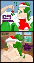 1boy 1girls ? areolae ass breasts christmas cleavage clothing comic covered_eyes cum cum_in_mouth dodo-bot dress english_text fellatio female female_focus green_hair heart human humanoid indoors kissing_penis large_breasts long_hair male male_human/female_humanoid mario_(series) mistletoe nintendo nintendo_switch nipple_tweak nipples nude outdoors paizuri penis piranha_plant piranha_plant_girl solo_focus straight super_mario_bros. surprise_oral text tight_dress unseen_male_face vein veiny_penis wide_hips