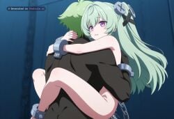 1girl ai_assisted ai_generated anal anal_penetration anime_coloring anime_screencap big_dick carrying chain corin_wickes green_hair leg_lock long_hair purple_eyes screw shackles