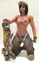 3d abs alternate_costume black_eyes black_hair blender dark-skinned_female dark_skin dog_tags egyptian female gloves high_resolution kneeling military military_hat military_uniform muscle muscular_female overwatch overwatch_2 overwatch_archives pharah pharah-best-girl redbone rocket_launcher security_chief_pharah uniform weapon