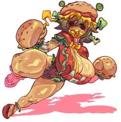 2026 2d 2d_(artwork) 2d_artwork action_pose areola areola_slip big_breasts boxing_gloves buns burgers curvy_figure female food food_creature food_insertion fries glistening_body highres lettuce mustard sanfles spicyfuse wide_hips