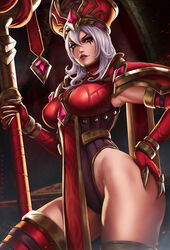 big_breasts breasts cleavage dandon_fuga female female_only heroes_of_the_storm human large_breasts looking_at_viewer sally_whitemane solo thick_thighs thighhighs world_of_warcraft