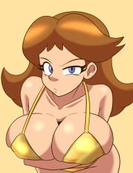 1girls artlaccer_(artist) bikini breast_press breasts cleavage female girl gold_bikini grabbing grabbing_another's_breast grey_hair hair_ornament halo highres large_breasts long_hair looking_at_viewer mario_(series) open_mouth princess_daisy purple_eyes short_hair simple_background smile solo swimsuit symmetrical_docking upper_body very_long_hair white_background white_hair
