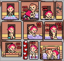 1boy 1girls animated animated_gif bra breasts cowgirl_position cum cum_on_body doggy_style duster duster_(mother) earthbound fellatio female heart kumatora male mob_face montage mother_(series) mother_3 nintendo oral panties pixel_art sex text underwear