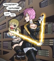 2girls arms_tied_behind_back ball_gag bdsm_collar big_breasts bondage cleavage collar collared crotch_rope defeated_heroine fairy_tail female femdom femsub gag gagged leather leather_clothing legs_tied_together lucy_heartfilia miniskirt rope_bondage virgo_(fairy_tail) whip wossarem yuri