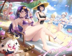 6+girls ankle_strap ass ayaka_(genshin_impact) bare_legs bare_shoulders barefoot beach beach_chair beach_umbrella bead_bracelet beads bikini black_one-piece_swimsuit blonde_hair blue_sky blunt_bangs blush bracelet breasts burnt_green_tea choker cleavage closed_eyes closed_mouth cloud cloudy_sky collarbone covered_navel crossed_legs cup day drink drinking drinking_glass drinking_straw feet female female_focus female_only flower food genshin_impact hair_flower hair_ornament hat hawaiian_shirt highleg highleg_swimsuit highres holding holding_cup holding_drink holding_food holding_hands innertube jewelry kujou_sara long_hair looking_at_viewer lumine_(genshin_impact) mole mole_under_eye multiple_girls nail_polish ocean one-piece_swimsuit one_eye_closed open_mouth outdoors paimon_(genshin_impact) palm_tree partially_submerged pendant pendant_choker ponytail purple_bikini purple_nails raiden_shogun sangonomiya_kokomi sarashi sarong sayu_(genshin_impact) school_swimsuit shirt shish_kebab short_hair side-tie_bikini_bottom sidelocks sky smile star-shaped_eyewear star_(symbol) straw_hat sunglasses sunglasses_on_head swim_ring swimsuit thigh_strap thighs toenail_polish toenails toes tree umbrella underboob v white_bikini wink yae_miko yellow_bikini yoimiya_(genshin_impact)