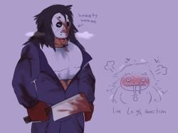 2girls blood blood_on_body cl0ckability cleaver crop_top digital_media_(artwork) female hellen_(look_outside) hockey_mask leigh_(look_outside) live_reaction_(meme) look_outside meme muscular muscular_female sweating sweaty_body unzipped_jacket yuri