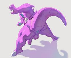 2018 anthro anus ass balls big_tail blue_anus erection humanoid_penis looking_at_viewer looking_back male male_only nidochi nidoking nintendo nude partially_retracted_foreskin penis pokemon pokemon_(species) presenting presenting_anus presenting_hindquarters purple_skin rear_view solo tail taoren uncut video_games