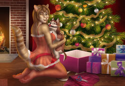 2018 alexa_neon anthro ass ball_gag breasts canine christmas clothed clothing feline female fire fireplace fur gag gagged gift hair hi_res holidays husky legwear looking_at_viewer mammal merry_christmas open_mouth plushie smile solo stockings teeth tree underwear