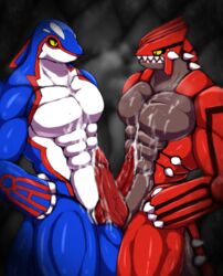 2018 2boys abs anthro anthrofied cum duo erection gay groudon kyogre legendary_pokémon male male_only muscular muscular_male nintendo nude pecs penis pokémon_(species) pokémorph pokemon ryuukikeito teeth video_games yaoi