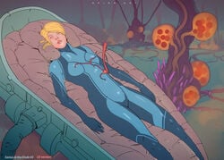 asleep bed body_modification corruption creature egg eggs elode expansion female growth in_bed metroid modification monster mutation nintendo orionart parasite plant samus_aran sleeping tentacle