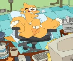absurd_res alphys anthro blush breath buckteeth chair clothing coat coffee_mug computer desk electronics eyewear female furniture glasses hi_res lab_coat legs_up masturbation office_chair peeppepi solo spread_legs spreading table teeth topwear undertale_(series) yellow_body yellow_skin