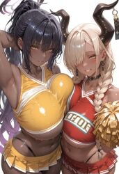 2girls ai_generated ass azur_lane black_hair blonde_hair blue_archive breasts cheerleader cheerleader_uniform crossover dark-skinned_female dark_skin dat_ass female flyingpancake gyaru hi_res horns huge_ass karin_(blue_archive) large_breasts long_hair owari_(azur_lane) tan tan-skinned_female tanned_skin thick_thighs