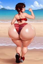 ai_generated ass ass_focus beach big_ass bikini_top day floral_print huge_ass hyper hyper_ass jiggle jogging massive_ass panties ruby_rose running rwby small_breasts thick_thighs water