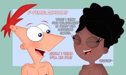 4427strudel afro black_hair blue_eyes blush blush conversation couple cropped dark-skinned_female dialogue femblacked holly_(phineas_and_ferb) interracial naked phineas_and_ferb phineas_flynn red_hair smile wholesome