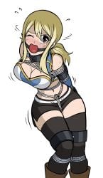 2girls arms_tied_behind_back ball_gag bdsm_collar big_breasts bondage cleavage collar collared crotch_rope defeated_heroine fairy_tail female femsub gag gagged leather legs_tied_together lucy_heartfilia miniskirt rope_bondage wossarem