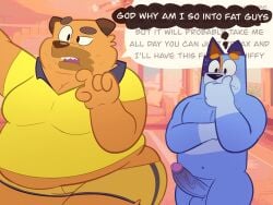 2025 anthro anthro_on_anthro anukkyt aroused australian_cattle_dog balls belly belly_overhang big_belly big_penis bluey_(series) bottomwear canid canine canis cattledog clothed clothed/nude clothing dialogue domestic_dog duo english_text erection eyebrows foreskin fur genitals glans herding_dog hi_res humanoid_genitalia humanoid_penis looking_at_another love_handles male male/male mammal mastiff molosser moobs navel nude open_mouth outside overweight overweight_anthro overweight_male pastoral_dog penis shirt shorts sparky_(bluey) standing stripe_heeler teeth text thick_thighs thought_bubble toony topwear tuft uncircumcised vein
