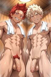 2boys abs ai_generated bakugou_katsuki balls belmarkai boku_no_hero_academia cock dick eijirou_kirishima flaccid flaccid_penis gay indoor indoors inside katsuki_bakugou kirishima_eijirou looking_at_viewer male male_only my_hero_academia nude nude_male nudity penis pubic_hair sauna sweat tagme testicles yaoi