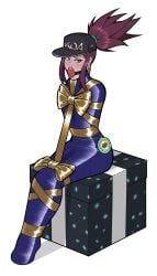 akali ball_gag bondage cap christmas_present female gag gagged k/da_akali k/da_series league_of_legends mummification ponytail present present_wrap tape_bondage wossarem