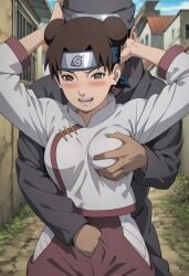 1boy 1girls ai_generated alley anon arms_up before_sex big_breasts breast_grab breasts chinese_clothes clothing crop_top curvaceous double_bun faceless_male female female_only forehead_protector grabbing_from_behind groping groping_breasts hand_under_clothes konohagakure_symbol kunoichi male naruto naruto_(series) naruto_shippuden ninja open_fly open_pants outdoors outside pants pinup raichiai shirt tenten thighs town twin_buns upper_body village