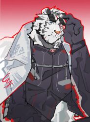 1boy 451qqqqq animal_ears arknights black_bodysuit black_gloves bodysuit claws closed_mouth commentary cross_scar furry furry_male gloves gradient_background highres jacket looking_at_viewer male_focus mountain_(arknights) mountain_(hardcore_rider)_(arknights) scar scar_across_eye scar_on_cheek scar_on_chin scar_on_face sunglasses tiger_boy tiger_ears tiger_stripes white_jacket
